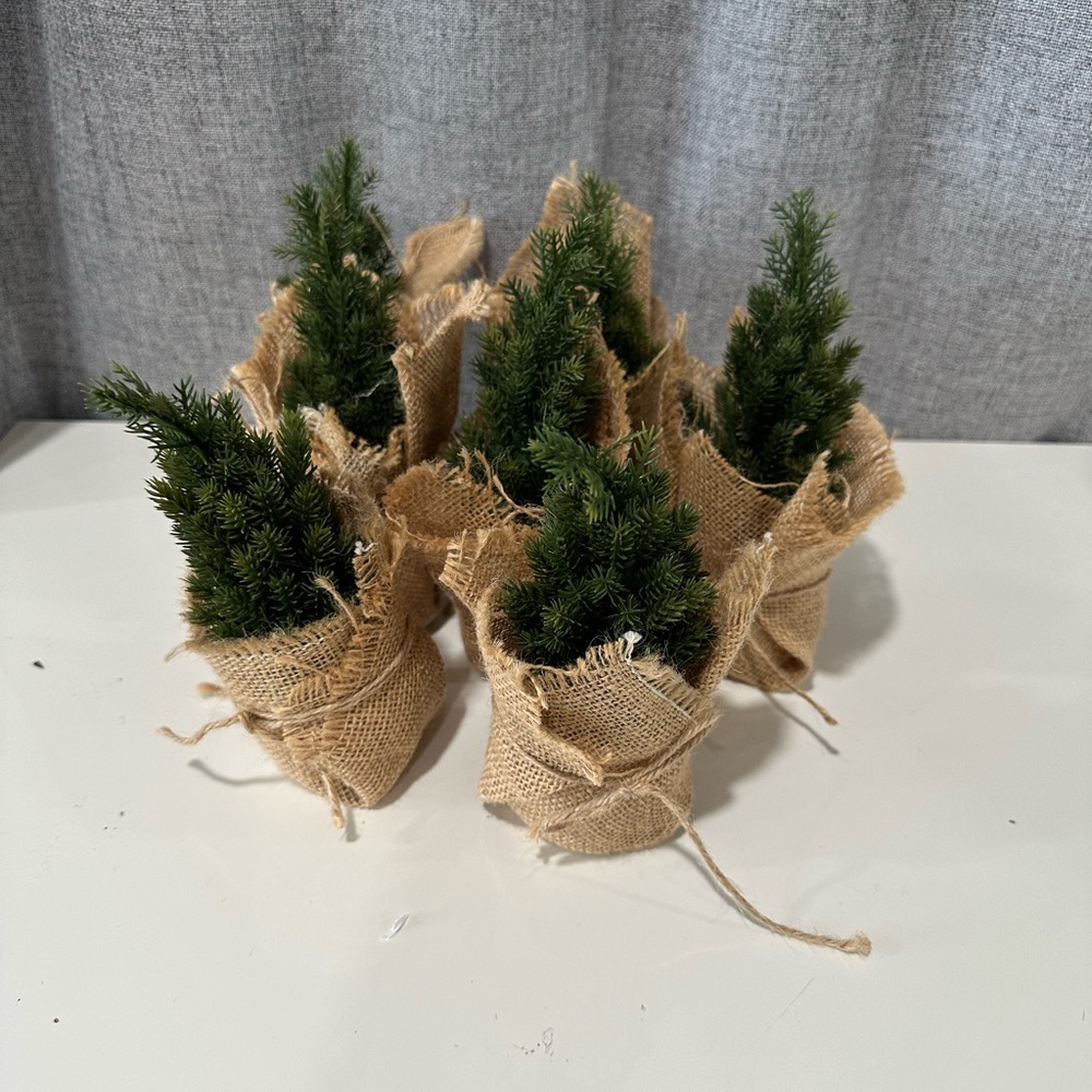 7 Mini Christmas desktop/table green artificial pine tree with burlap. - Picture 2 of 6